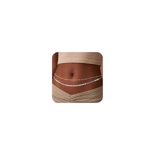 Layered Waist Chain for Women Waterproof, 14K Gold/Silver Plated Belly Chain Belt Waist Beads Chain Herringbone Snake Satellite Body Chain Beach Summer Fashion Jewelry Gift - style: Style 3-Silver