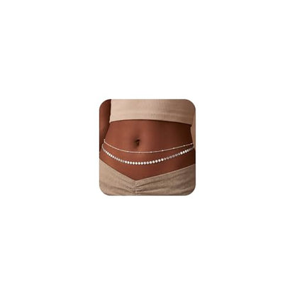 Layered Waist Chain for Women Waterproof, 14K Gold/Silver Plated Belly Chain Belt Waist Beads Chain Herringbone Snake Satellite Body Chain Beach Summer Fashion Jewelry Gift - style: Style 3-Silver