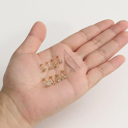 Threadless Flat Back Earrings Studs 20G Surgical Steel Push in Nose Studs Rings Cartilage Helix Tragus Conch Lip Labret Medusa CZ Nostril Piercing Jewelry for Women Gold Silver Tone - color: Gold