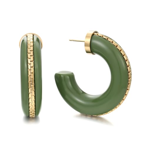 Gold Plated Resin Chunky Hoop Earrings Hypoallergenic Push Back Hoops for Sensitive Ears - color: Olive Green