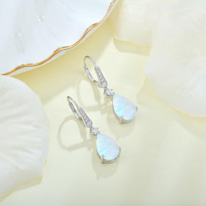 Created Opal Earrings 925 Sterling Silver Leverback Drop Dangle Earrings 5A Cubic Zirconia Jewelry for Women - color: A white opal
