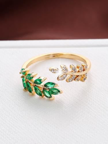 Adjustable Open Leaf & Vine Ring with Gemstone & Diamond | Cuff Deco Ring for Women Men | Adjustable Cuff Vine Leaf Deco Rings - color: Gold Green