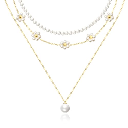 Zeffy Gold Pearl Necklace for Women, Dainty 14K Gold/Silve Plated Layered Pearl Choker Pearl Earrings Pearl Bracelets Wedding Trendy Gold Jewelry Set for Women Gifts - style: Gold Daisy Pearl Necklace-3PCS