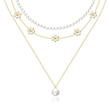 Zeffy Gold Pearl Necklace for Women, Dainty 14K Gold/Silve Plated Layered Pearl Choker Pearl Earrings Pearl Bracelets Wedding Trendy Gold Jewelry Set for Women Gifts - style: Gold Daisy Pearl Necklace-3PCS