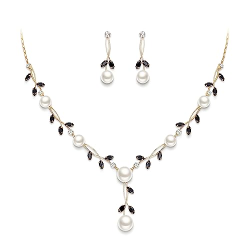 EVER FAITH Cubic Zirconia Pearl Leaf Vine Wedding Jewelry Set for Bride | Crystal Filigree Bridal Necklace Earrings, for Women Bridesmaid - color: 2pcs_Black Gold-Plated-Brass