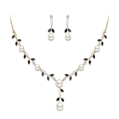EVER FAITH Cubic Zirconia Pearl Leaf Vine Wedding Jewelry Set for Bride | Crystal Filigree Bridal Necklace Earrings, for Women Bridesmaid - color: 2pcs_Black Gold-Plated-Brass