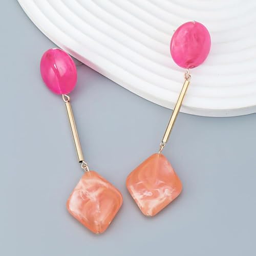 Acrylic Geometric Earrings Round Square Resin Earrings Lightweight Drop Earrings Resin Acetate Drop Dangle Hoop Earrings Long Tassel Fashion Jewelry Hollow Marble Design for Women - color: Colorful