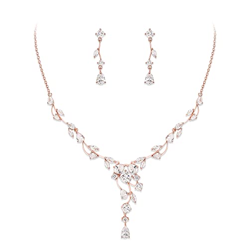 Crysdue Women's Wedding Bridal Jewelry Set for Brides Bridesmaids Cubic Zirconia Flower Leaf Vine Necklace Dangle Earrings for Prom Party - style: 36-rose gold