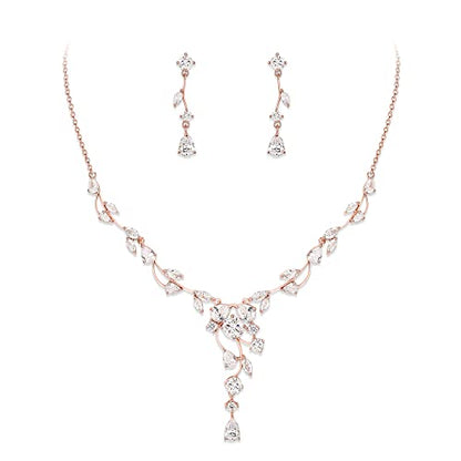 Crysdue Women's Wedding Bridal Jewelry Set for Brides Bridesmaids Cubic Zirconia Flower Leaf Vine Necklace Dangle Earrings for Prom Party - style: 36-rose gold