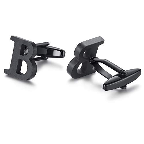 HONEY BEAR Black Initial Letter Round Cufflinks Tie Clip Set for Men | Wedding Business, Tarnish-Resistant, Steel-Plated Copper Base, Gift Box, for Groomsmen, Father, Husband, Anniversary, Formal - style: B