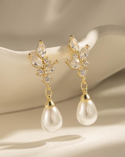 14K Gold Plated/Sterling Silver CZ Pearl Drop Dangle Earrings for Women - color: Gold-Pearl with CZ
