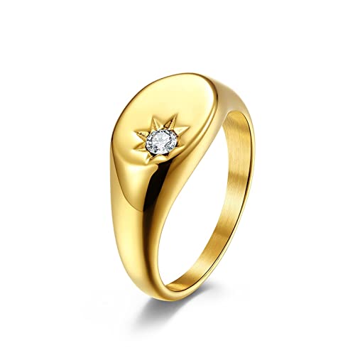 Promise Rings for Him, Stainless Steel Oval Shape Sun Pattern Inlay with Cubic Zirconia Signet Ring for Women - color: Gold