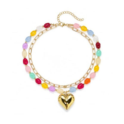Colorful Beaded Necklace For Women, Boho Double Layered Chunky Gold Cuban Chain Rainbow Beads Heart Pendant Y2K Statement Choker Summer Beach Jewelry Gift - color: Puffy-Heart