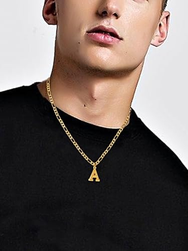 14K Gold Plated Initial Necklaces for Women Men A-Z Letter Necklaces | Figaro Chain, 16"+2" Adjustable Length, with Gift Box - style: M