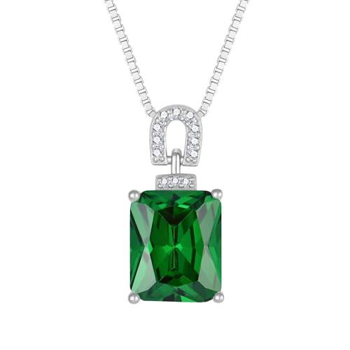 Emerald Cut Birthstone Necklace for Women 925 Sterling Silver | Baguette Birthstone Pendant Necklace, Jewelry for Mom Wife - color: Green