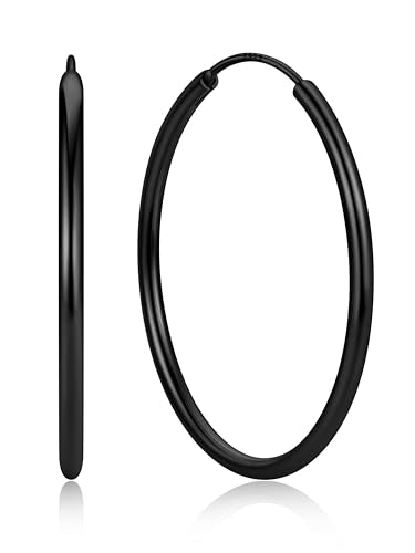 ChicSilver 925 Sterling Silver Hoop Earrings for Women Hypoallergenic, Lightweight Large Gold Plated Silver Hoop Earrings, Endless Hoops Earring 20/30/40/50/60/70MM - color: A. High Polished Black, size: 40mm