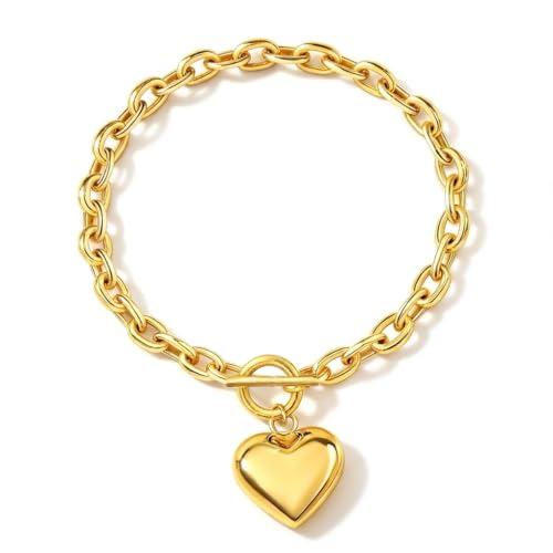 18K Gold Plated Chunky Link Chain Heart Pendant Jewelry for Women, Fashion Statement Accessory, Birthday Gift for Her - color: Gold-Bracelet
