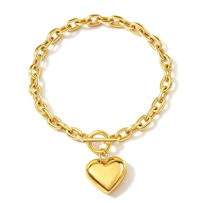 18K Gold Plated Chunky Link Chain Heart Pendant Jewelry for Women, Fashion Statement Accessory, Birthday Gift for Her - color: Gold-Bracelet