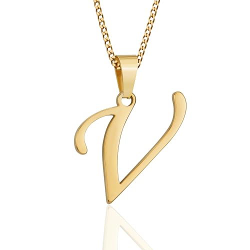 Suweibuke Initial Necklace for Men Women Boys Girls, 18K Gold Plated 26 Letters Pendant Necklace, Personalized Jewelry Gifts - color: Gold--1V