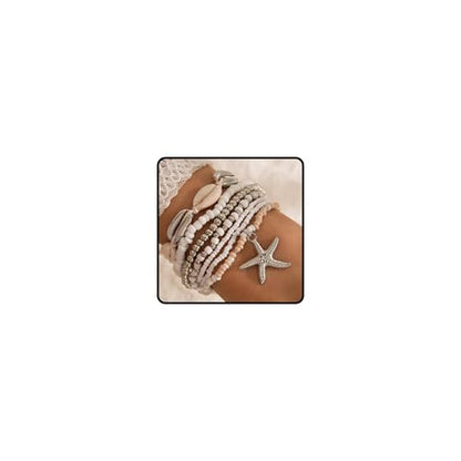 Shell Bracelets for Women Layered Seashell Starfish Bracelets Stackable Stretch Boho Beaded Bracelet Summer Beach Surfer Bracelet Seaside Beach Dress Outfits Accessories - color: A4:shell bracelets