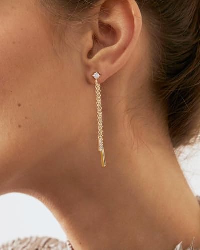 Dangle Earrings for Women - 14K Gold/White Gold/Rose Gold Plated Butterfly Heart Star Hoop Chain Long Tassel Cubic Zirconia CZ Dangle Earrings - color: Chain front and back