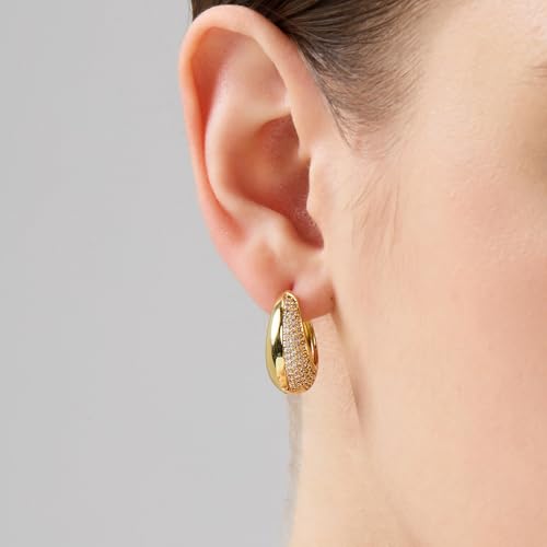 18K Gold Plated Huggie Hoop Earrings for Women, 925 Sterling Silver Post, Hypoallergenic Small Earrings - color: Dome Pavé Huggies