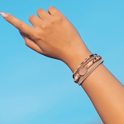 Boho Chunky Leather Wrap Bracelets Stackable Beaded Western Country Jewelry | Crystal Bead Trendy Layered Cuff Magnetic Clasp Stack Bohemian Statement Costume Outfits Cowgirl Fashion Hippie Accessories - color: Leopard, size: 7.7"