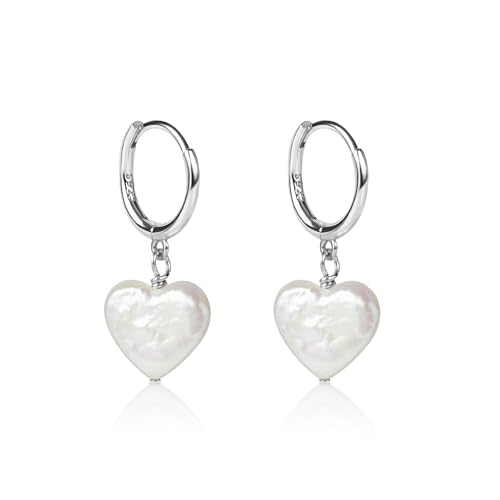 LILY LUSTRE 14k Gold Plated/Filled 925 Sterling Silver Handpicked AAAA Quality Natural White Freshwater Cultured Heart Shaped Pearl Huggie Hoop/Leverback Drop Dangle Earrings for Women - color: Silver Hoop