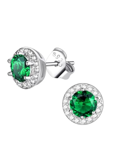 FindChic Birthstone Earrings for Women, Round/Heart/Square/Teardrop Earrings with 925 Sterling Silver Posts & Push Backs, Hypoallergenic Studs with Cubic Zirconia, 12 Months Jewelry with Gift Box - style: 05. May-Emerald (Round)