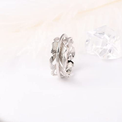 925 Sterling Silver Anxiety Ring with Beads Fidget Spinning Rings for Women Worry Beads Rings - color: feather design
