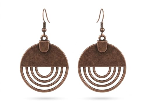 Boho Dangle Earrings for Women, Vintage Bohemian Geometric Round Hollow Drop Hoop Set, Retro Ethnic Tribal Beach Jewelry - color: Brown- Copper Circle