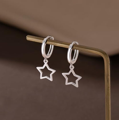 Reffeer Solid 925 Sterling Silver Star Hoop Dangle Earrings for Women Teen Girls Star Drop Earrings Huggie - color: A-Silver