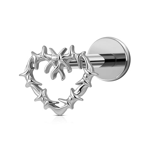 Hollow Heart Piercing Jewelry Collection - ASTM F136 Titanium Internally Threaded Flat Back Stud for Cartilage, Helix, Conch - color: Spiked Heart - Tit