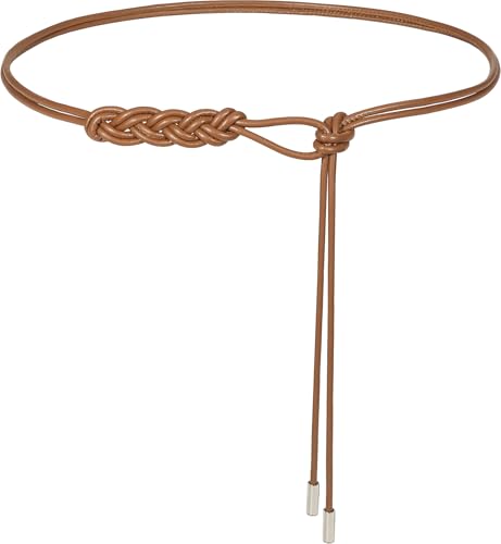Women's Knotted Thin Waist Belt PU Leather Skinny Belts for Dresses Pants - color: Plaited Hair-brown