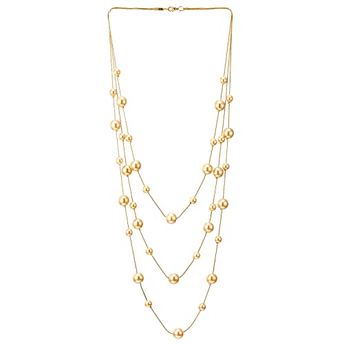 Statement Necklace Three-Strand Long Chains with Synthetic Pearl Beads, Elegant, Dress - color: B-Beads Color: Champagne 18K Gold-Plated