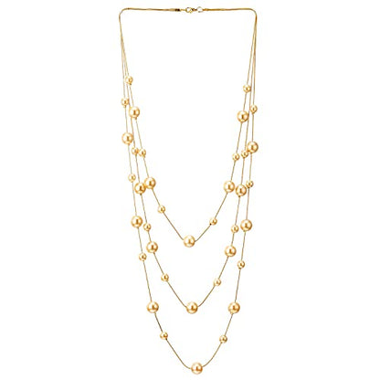 Statement Necklace Three-Strand Long Chains with Synthetic Pearl Beads, Elegant, Dress - color: B-Beads Color: Champagne 18K Gold-Plated