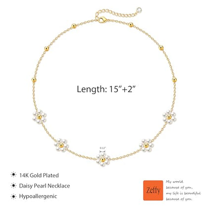 Zeffy Pearl Necklace 4MM/6MM/8MM Dainty Round Imitation Pearl Choker Necklace Wedding Pearl Necklace Delicate Jewelry for Women Simple Bridesmaid Jewelry Gifts - style: Gold Pearl Daisy Necklace(15"+2")
