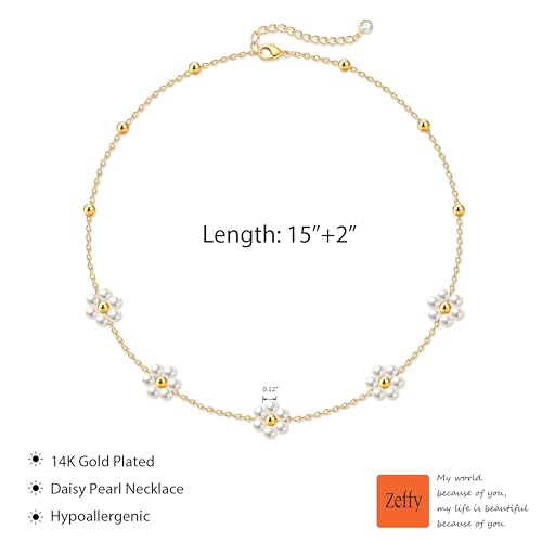 Zeffy Pearl Necklace 4MM/6MM/8MM Dainty Round Imitation Pearl Choker Necklace Wedding Pearl Necklace Delicate Jewelry for Women Simple Bridesmaid Jewelry Gifts - style: Gold Pearl Daisy Necklace(15"+2")