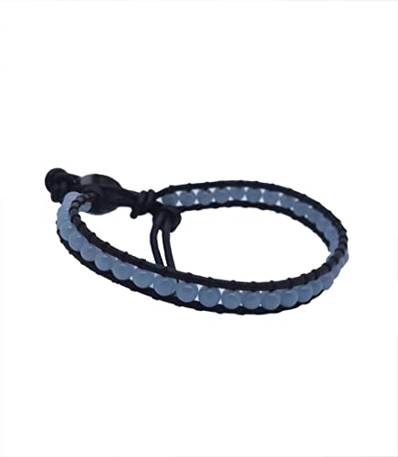 Handmade Alloy Leather Natural Stone Bead Statement Bracelet Bangle Cuff Rope 3 Wrap Adjustable Jewelry Collection - color: Blue Angle&1 Wrap Black Leather