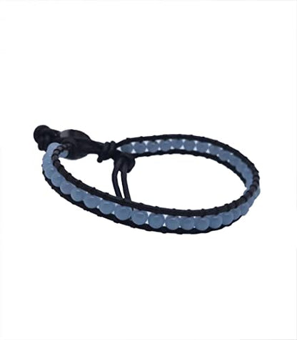 Handmade Alloy Leather Natural Stone Bead Statement Bracelet Bangle Cuff Rope 3 Wrap Adjustable Jewelry Collection - color: Blue Angle&1 Wrap Black Leather