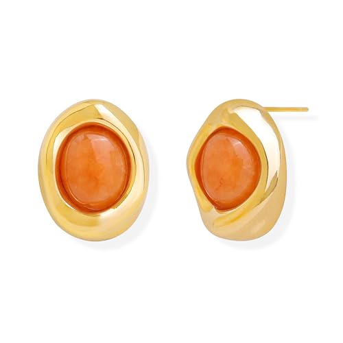 Jean Beau Chunky Gold Stone Stud Earrings for Women, Trendy Natural Gemstone Hypoallergenic Earing Valentine Jewelry Gift - color: Tangerine