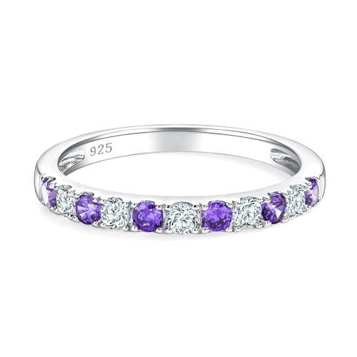 Bezel Set Birthstone Wedding Band 14K Gold Sterling Silver Stackable Half Eternity Band Rings 2.5mm Wide Ruby/Amethyst/Sapphire/Emerald Green/Aquamarine Ring for Women, Send Gift Box - style: 02-Created Amethyst & CZ