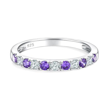 Bezel Set Birthstone Wedding Band 14K Gold Sterling Silver Stackable Half Eternity Band Rings 2.5mm Wide Ruby/Amethyst/Sapphire/Emerald Green/Aquamarine Ring for Women, Send Gift Box - style: 02-Created Amethyst & CZ