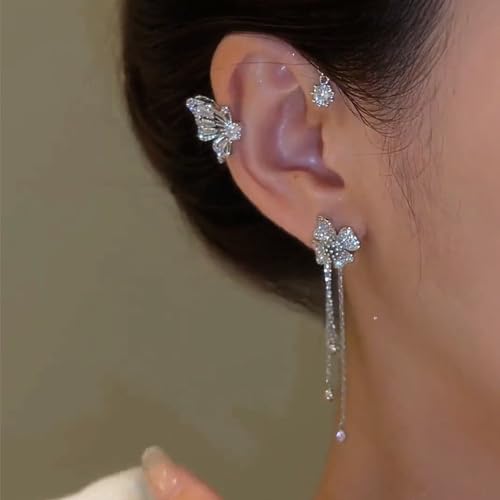 Butterfly Ear Cuff Earrings Sparkly Silver Butterfly Flower Tassle Ear Wrap Earrings Fairy Right Left No Piercing Ear Clip On - color: A-Flower,Silver
