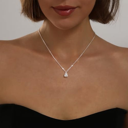 Gold Silver Necklace for Women, Dainty Cubic Zirconia Pendant | Teardrop CZ Charm, 14K Gold/Sterling Silver Plated, Adjustable Chain, Hypoallergenic & Waterproof Jewelry, Cute Trendy Gift - color: Silver-CZ teardrop/cable chain