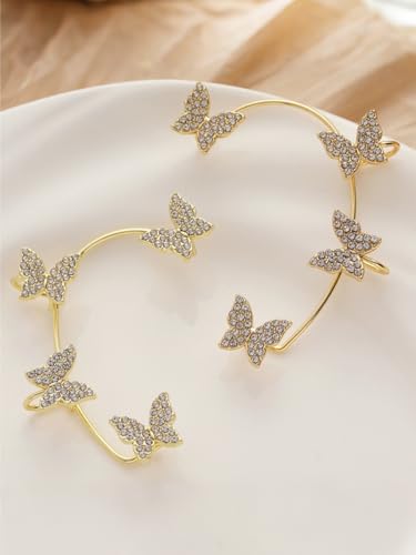 2Pcs Rhinestone Butterfly Earrings Ear Cuffs Non-Pierced Fake Earrings Butterfly Climber Wrap Around Earring Dainty Adjustable Ear Clip Jewelry for Women - color: StyleA-2 Pairs-Gold