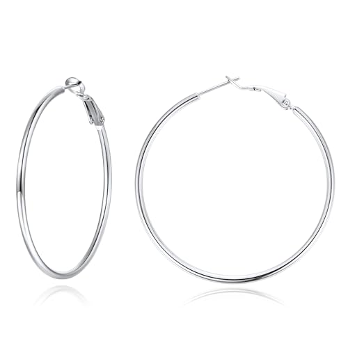 Jewlpire 14K Gold Plated 925 Sterling Sliver Post Hoop Earrings, 2MM Thick Hoop earrings Lightweight Large Hoop Earrings for Women Trendy 20/30/40/50/60/70mm - color: Silver Color, size: 40mm