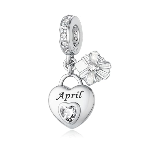 LNQOBU 925 Sterling Silve Heart-shaped Birthstone Charm for Bracelets, With 5A Cubic Zirconia Birthday Charms Dangle Pendant Bead for Pandora Bracelets - color: D-April