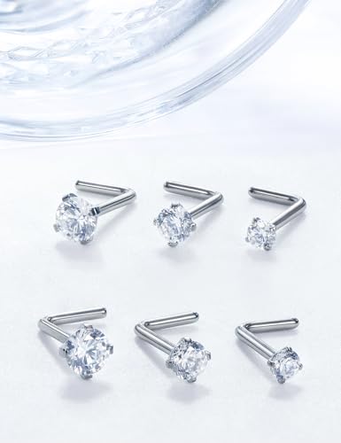 18G 20G 22G Stainless Surgical Steel Titanium Nose Rings Studs for Women L Shaped Nose Rings Screw Nose Studs Nostrial Piercing Jewelry for Women Men Silver Gold Black - style: 18G/Clear CZ/L-shaped/Silver