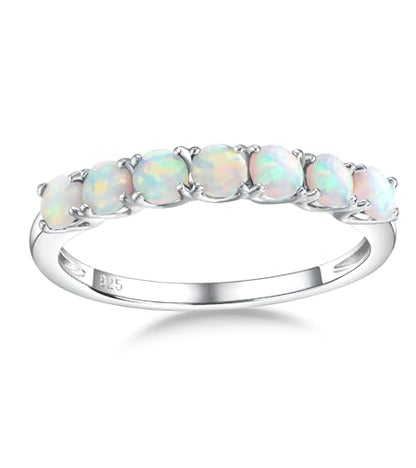 Birthstone Wedding Band Eternity Rings 925 Sterling Silver Rings Stackable Anniversary Engagement Rings Cubic Zirconia Inlaid Created Garnet/Amethyst/Sapphire Ring 7 Stone Ring, Size 6 to 10 - color: Opal
